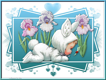 Easter cutie with flowers, bunny, iris flowers, mask, ladybug, cutie in easter outfit HD wallpaper