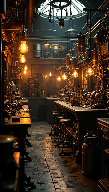 **Steampunk Workshop: A Captivating **, steampunk, laboratory, vintage, lightning, interior HD phone wallpaper