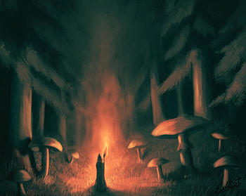 Art, Fire, Mashrooms, Silhouette, Forest, Torch HD wallpaper