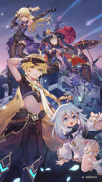 Team genshin impact, paimon, mona, scaramouche, fischl, genshin impact, aether HD phone wallpaper
