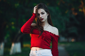 Girl model, red top, brunette, beautiful HD wallpaper