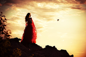 In red, models, nature, female, red HD wallpaper