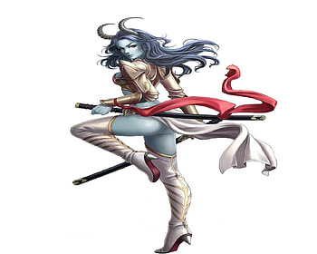 Demon Warrior, horns, swords, fantasy, demon, female HD wallpaper