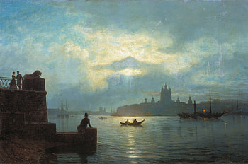 Moonlight on the Neva, blue, boat, night, art, people, painting, moon, pictura, luna, sky, neva, water, silhouette, cloud HD wallpaper