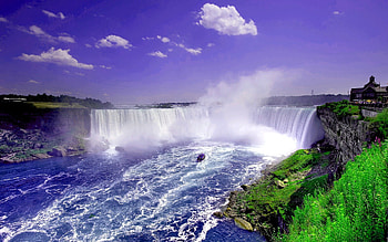 WIDE FALLS, waterfalls, sky, wide, house HD wallpaper