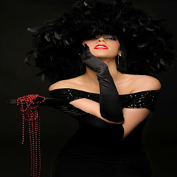 GLOVES, HAT, AND PERLS..., black, perls, gloves, dress, dark, little, red, redlips, hat HD wallpaper