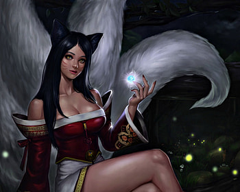 Ahri, white, devirhst, art, girl, fox, woman, fantasy, magical, red, league of legends, game, nine tails HD wallpaper