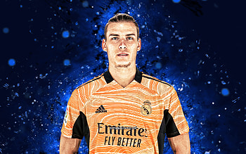 Andriy Lunin, , 2021, Real Madrid FC, ukrainian footballers, La Liga, goalkeeper, blue neon lights, soccer, football, Real Madrid CF, LaLiga, Andriy Lunin , Andriy Lunin Real Madrid HD wallpaper
