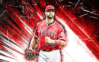 Albert Pujols, grunge art, Los Angeles Angels, MLB, baseman, baseball, red abstract rays, Major League Baseball, Albert Pujols Los Angeles Angels, Albert Pujols , LA Angels HD wallpaper