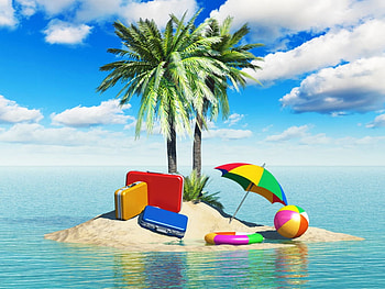 Summer Travel, Suitcases, Palm trees, Umbrella, Sea, Water, Island HD wallpaper