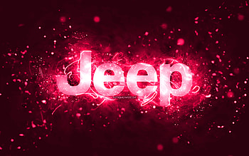 Jeep pink logo, , pink neon lights, creative, pink abstract background, Jeep logo, cars brands, Jeep HD wallpaper