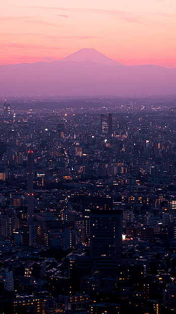 Cities, Sunset, Mountains, Pink, Lights, Night City HD phone wallpaper