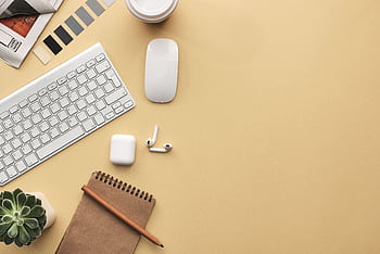 A minimalist workspace flat lay with keyboard, mouse, notebook, and succulent on a beige background. HD wallpaper