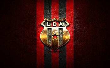 Alajuelense FC, golden logo, Liga FPD, red metal background, football, Costa Rican football club, Alajuelense FC logo, soccer, Liga Deportiva Alajuelense, Costa Rica Primera Division, LD Alajuelense HD wallpaper
