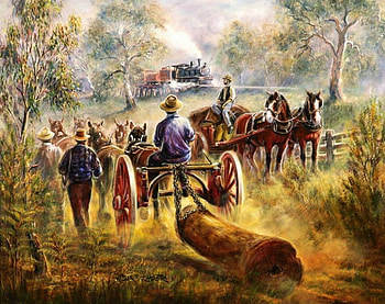 Woodworkers, artwork, horses, painting, train, people, cart HD wallpaper