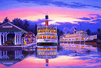 Summer Evening, people, artwork, ships, reflection, clouds, victorian, vintage, harbor, sunset HD wallpaper