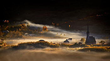 Nature landscape, Mist morning, Village trees, Sunrise fall HD wallpaper