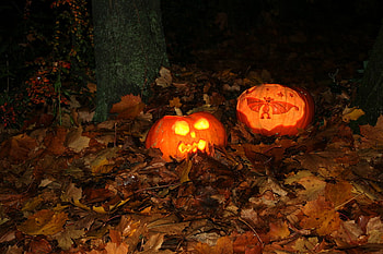 halloween pumpkins1, pumpkins, halloween, leaves, lights, red, lantern HD wallpaper