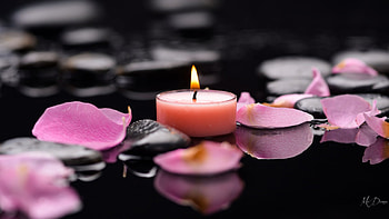 Light and Petals, relaxation, rose petals, flame, rocks, Firefox Persona theme, candle, light, heat, spa, waters HD wallpaper