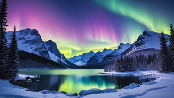 Northern Lights, snow, aurora borealis, lake, mountain, light, Snowy Mountain HD wallpaper