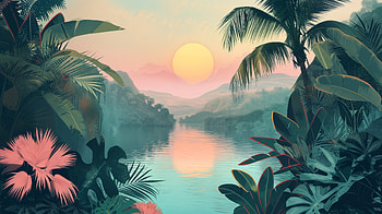 Tropical Sunset Scenery, foilage, nature, tropical landscape, river HD wallpaper