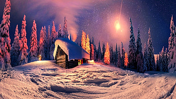 Winter Twilight, mist, snow, trees, sun, mountains, cabin HD wallpaper