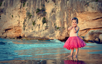 Joy of summer, blue, sea, girl, dress, beach, rock, summer, pink, stone, water, child HD wallpaper