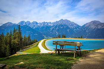 Lake, mountains, nature, landscape, bench HD wallpaper