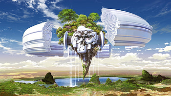 Trees, Land, Piece, Weightlessness, Mechanism, Sky, Water HD wallpaper