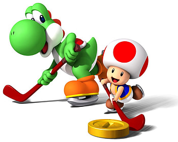Yoshi and Toad Playing coin Hockey, coin, toad, put, yoshi, hockey, mario, video games, hockey sticks HD wallpaper