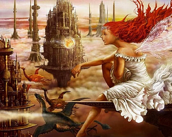 Message On The Wind, fairy, wings, city, fantasy, girl, bubble HD wallpaper