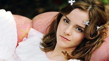 Emma Watson, pink, white, flower, face, girl, actress, woman HD wallpaper