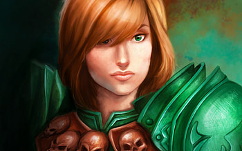 Fantasy girl, fantasy, green, skull, game, redhead, girl, armor HD wallpaper