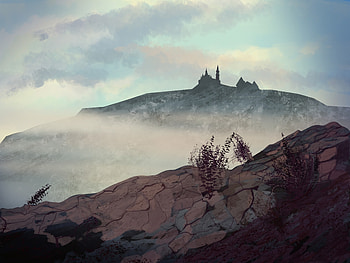 Art, Mountains, Lock, Fog, Hill HD wallpaper