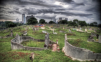 hilltop cemetery after a storm r, cemetery, city, r, grass, hill, storm HD wallpaper