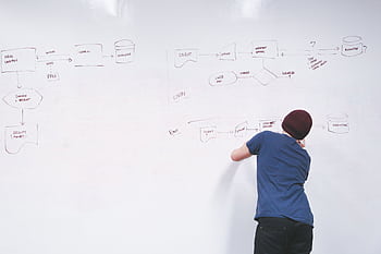 Man in beanie brainstorming and writing flowchart on office whiteboard, planning ideas. HD wallpaper