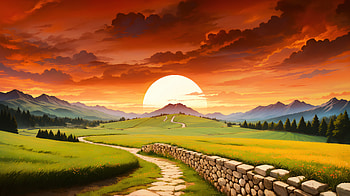 Golden Path Sunset Over Pastoral Valley Landscape, golden, path, sunset, valley, landscape, artist, artwork, art, digital-art, ai, pixiv HD wallpaper