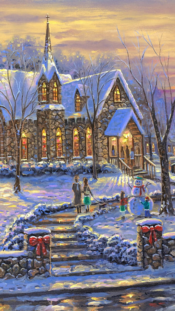 Christmas Eve in Small Town, winter, snow, church, Christmas, artistic, painting HD phone wallpaper