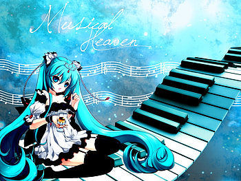 Musical Heaven, keys, cute, vocaloid, long hair, dress, miku, piano, vocaloids, female, sexy, hatsune miku, hot, blue eye, blue hair, girl, singer, diva, anime girl, anime, aqua hair, aqua eye, idol HD wallpaper