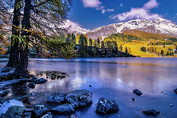 Autumn Lake, Autumn, Trees, Alps, Switzerland, Lake, Mountains HD wallpaper
