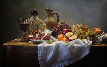Fruit Still Life, still life, oranges, grapes, apple, fruits, pomegranates, wine HD wallpaper