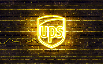 UPS yellow logo, , yellow brickwall, UPS logo, brands, UPS neon logo, UPS HD wallpaper
