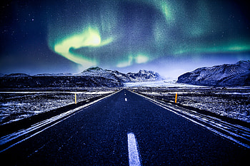 Aurora Borealis, Northern Lights, highway, road, winter HD wallpaper