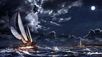 Sailboat at stormy sea, moon, night, waves, clouds, sky, st, ocean HD wallpaper