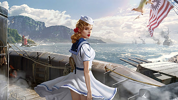 WW2 Pinup Girl, model, ship, ww2, pinup, redhead, dress HD wallpaper