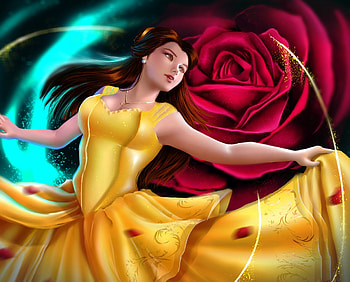Belle, blue, girl, beauty and the beast, dress, rose, fantasy, yellow, red, luminos, ingrid brasil HD wallpaper