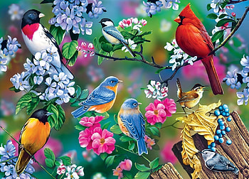 Birds, blue, colorful, pink, bird, flower, yellow HD wallpaper
