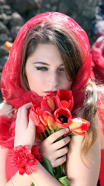Beautiful model, long hair, tulip, flower, scarf, woman, model HD phone wallpaper