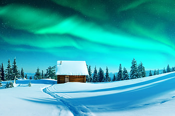 Northern lights, aurora borealis, cabin, winter, wooden, cold, beautiful, north, snow, light, hut, cottage, sky HD wallpaper