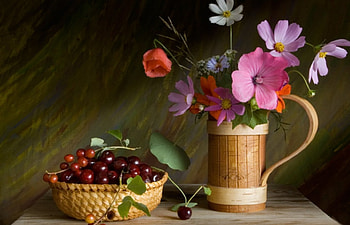 Still Life, colors, flowers, cup, Cherry HD wallpaper